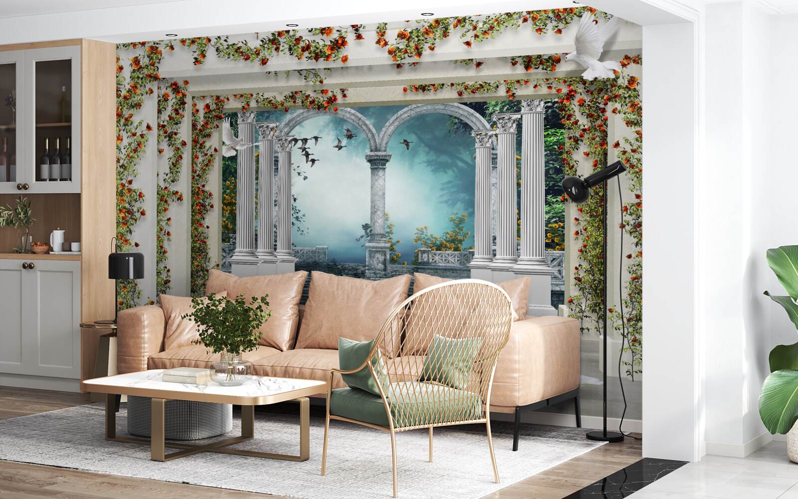 Fototapet coloane albe decorate cu flori