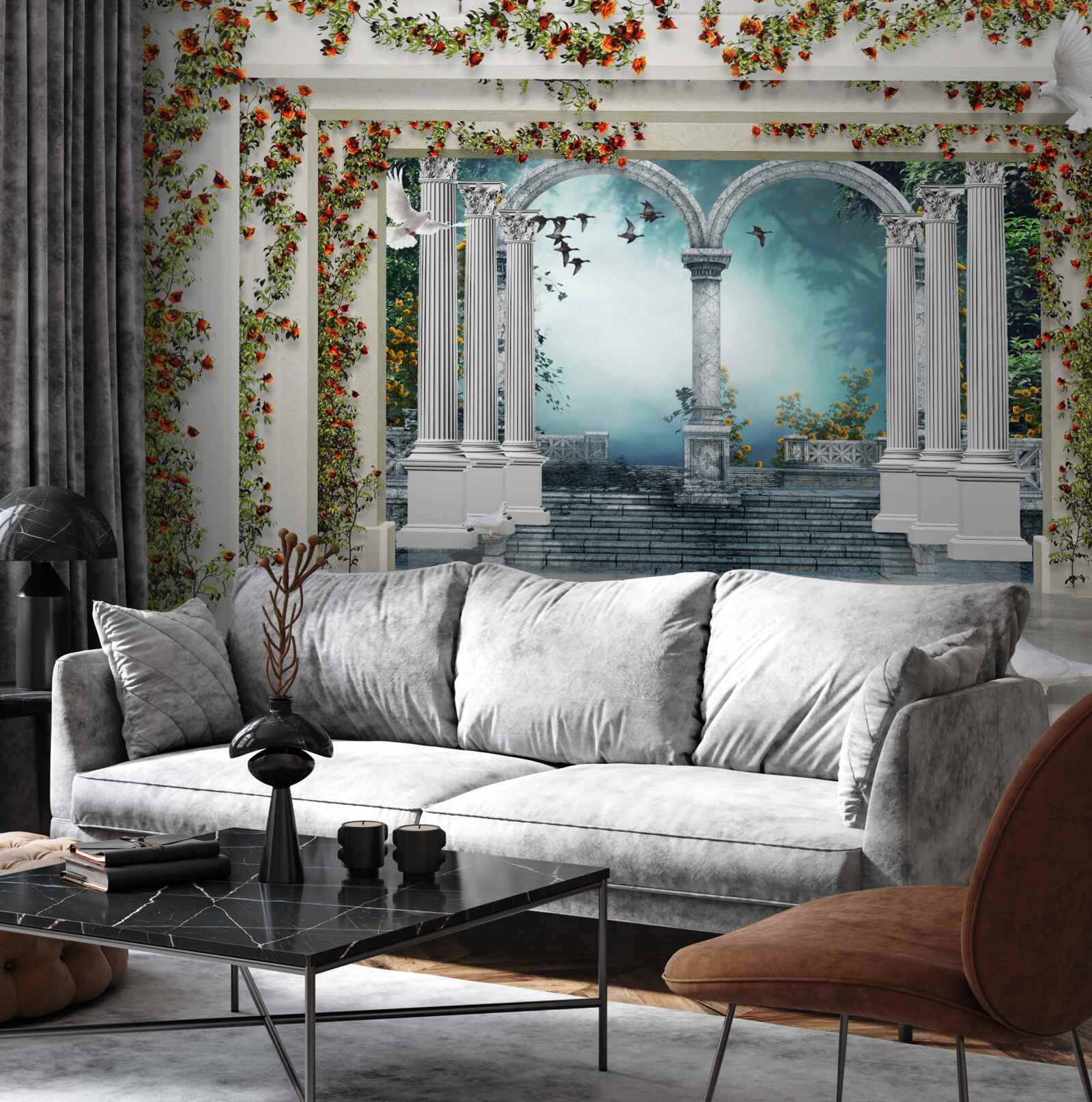 Fototapet coloane albe decorate cu flori