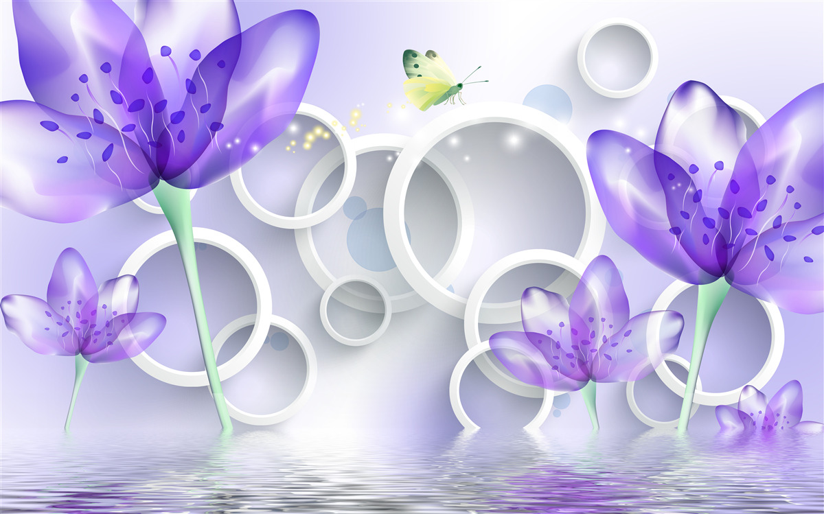 Fototapet flori purpurii fantastice și cercuri albe ca zăpada