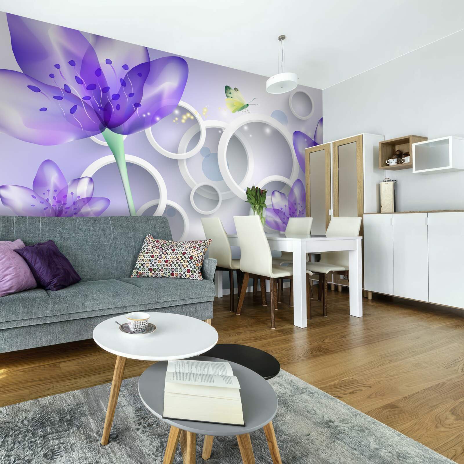 Fototapet flori purpurii fantastice și cercuri albe ca zăpada