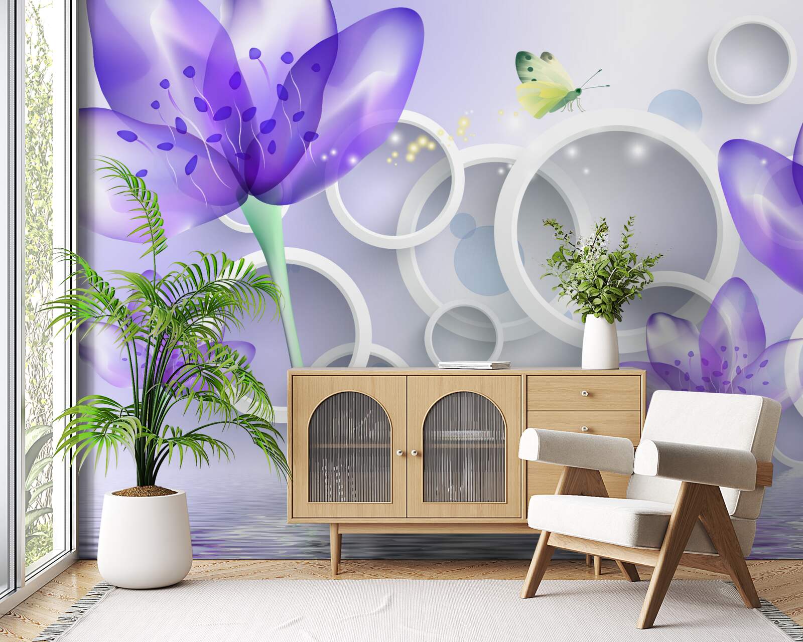 Fototapet flori purpurii fantastice și cercuri albe ca zăpada