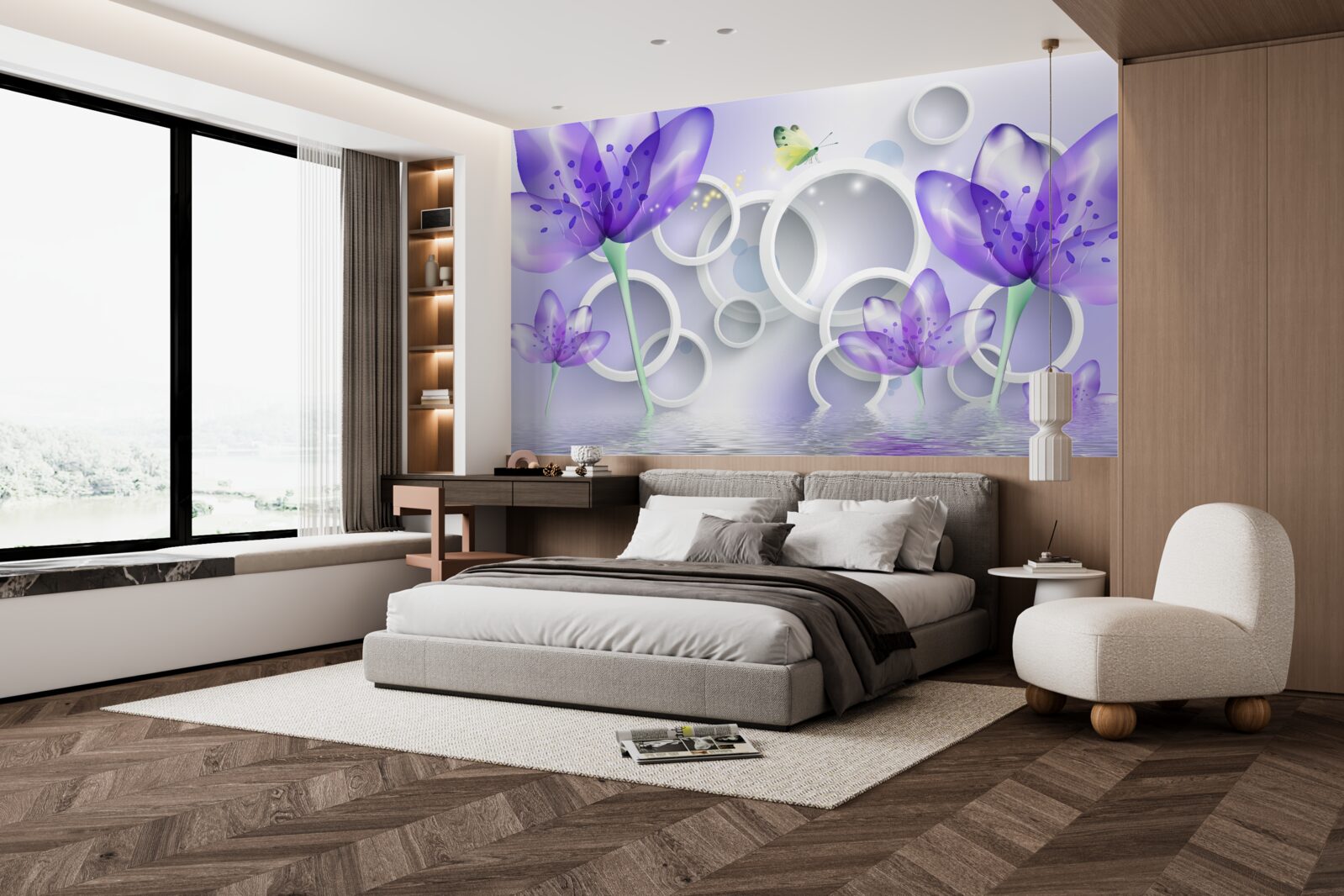 Fototapet flori purpurii fantastice și cercuri albe ca zăpada