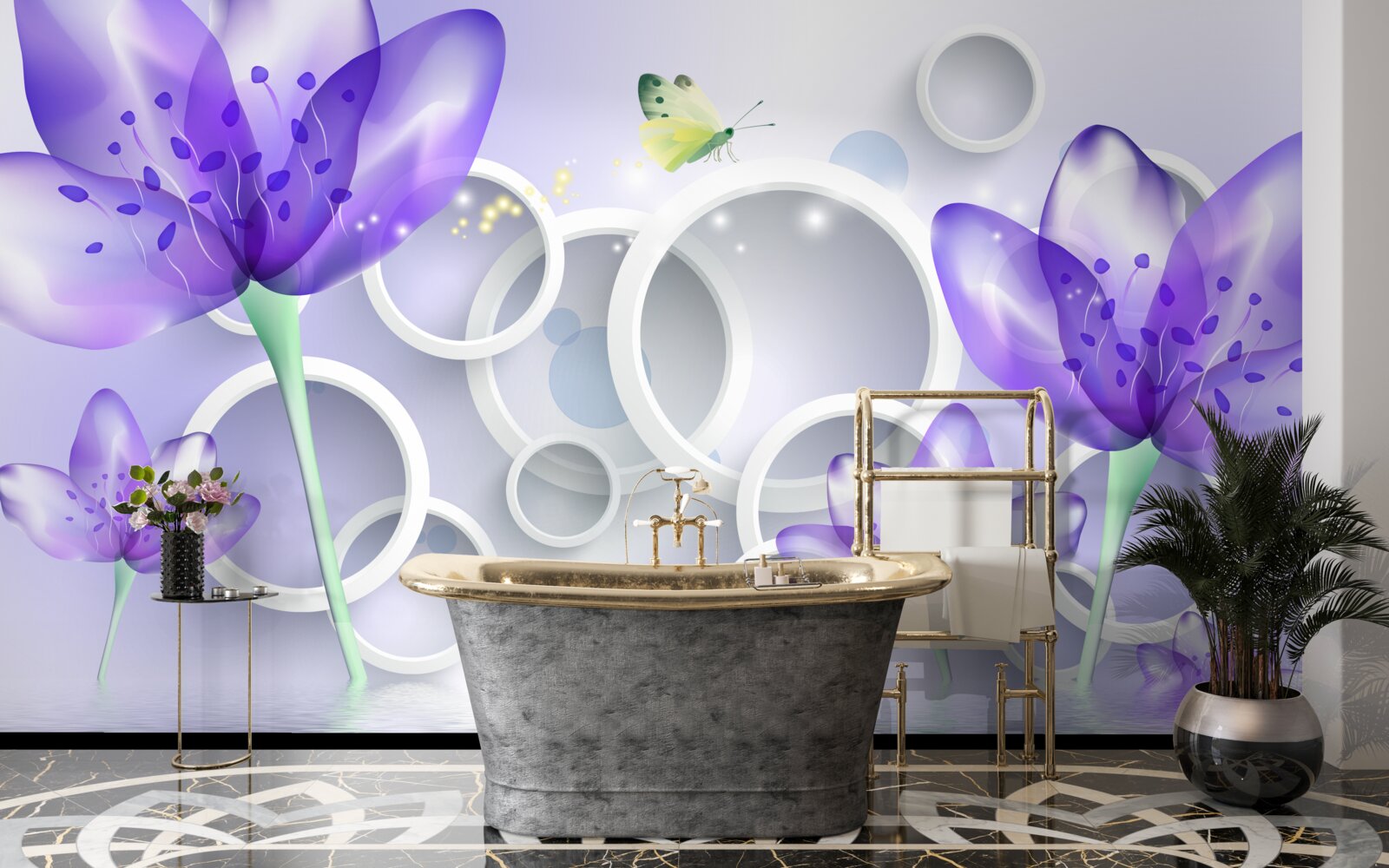 Fototapet flori purpurii fantastice și cercuri albe ca zăpada