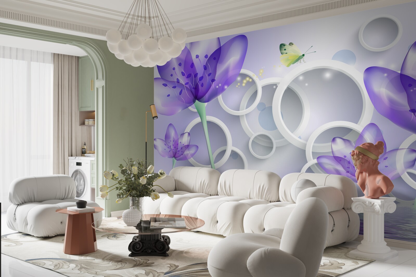 Fototapet flori purpurii fantastice și cercuri albe ca zăpada