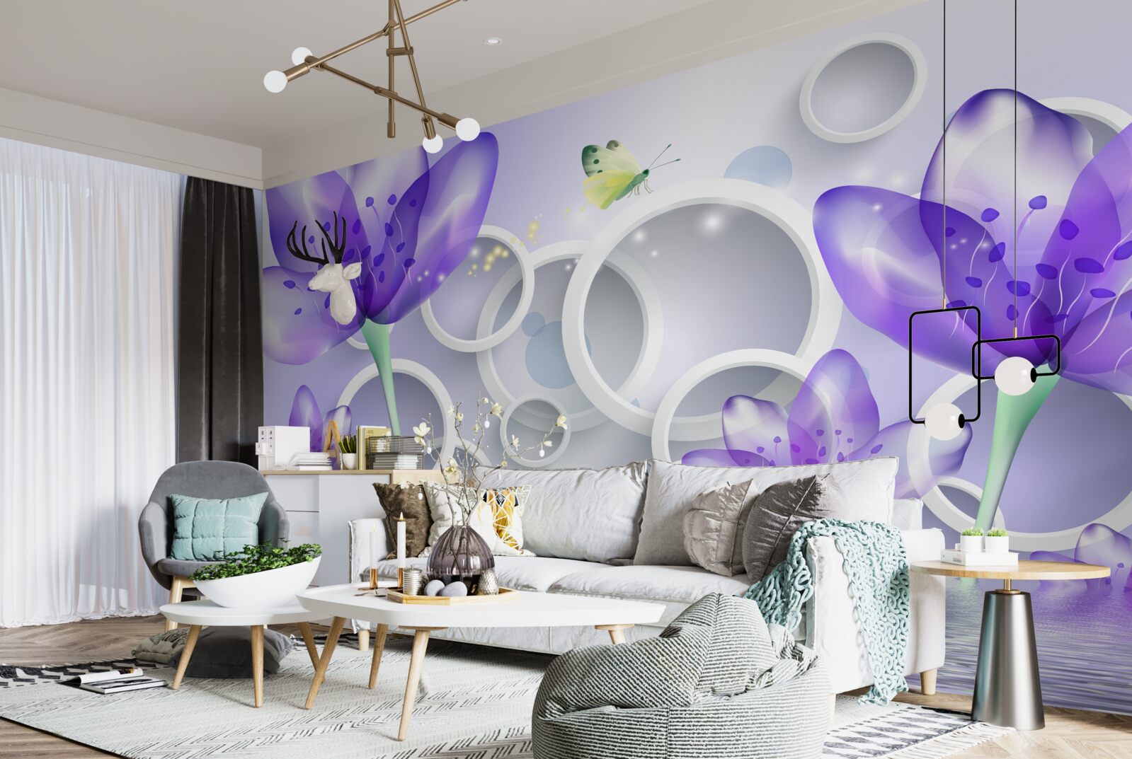 Fototapet flori purpurii fantastice și cercuri albe ca zăpada