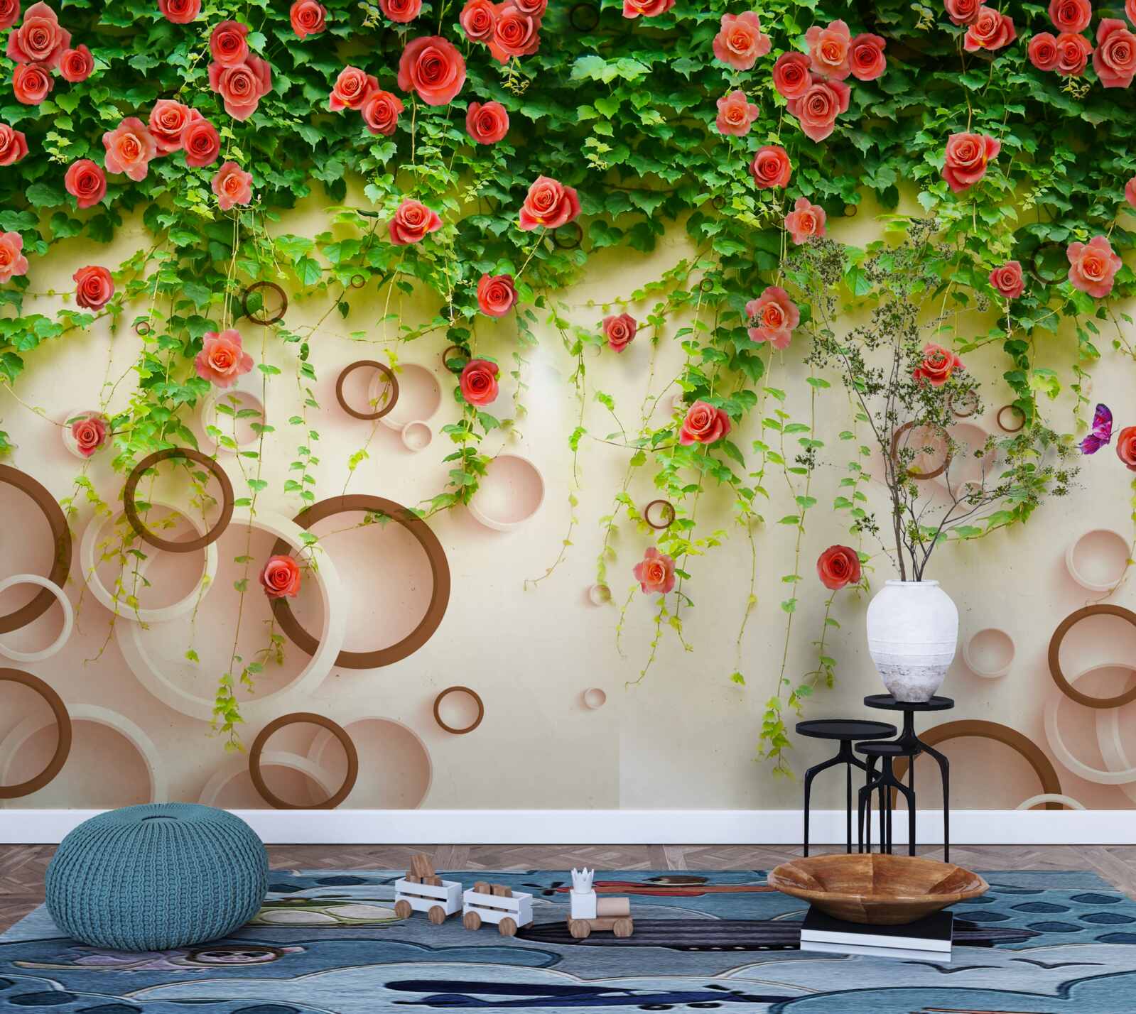 Fototapet trandafiri roz pe viță de vie