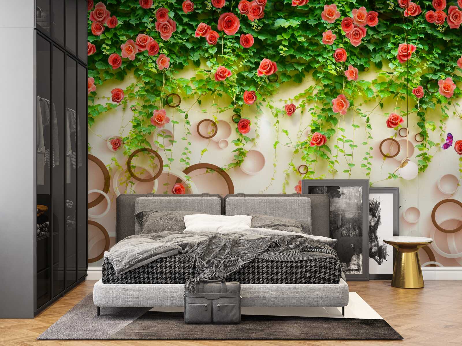 Fototapet trandafiri roz pe viță de vie