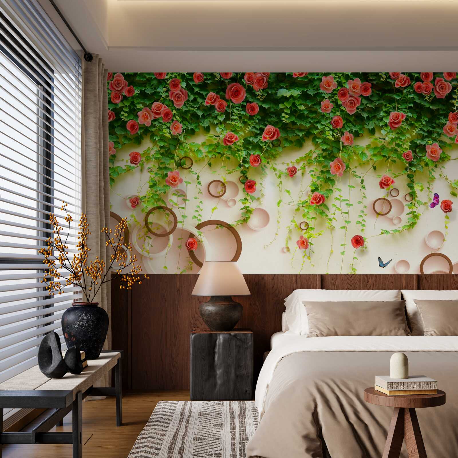 Fototapet trandafiri roz pe viță de vie