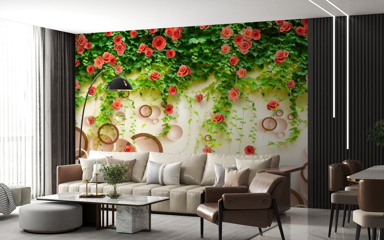 Fototapet trandafiri roz pe viță de vie