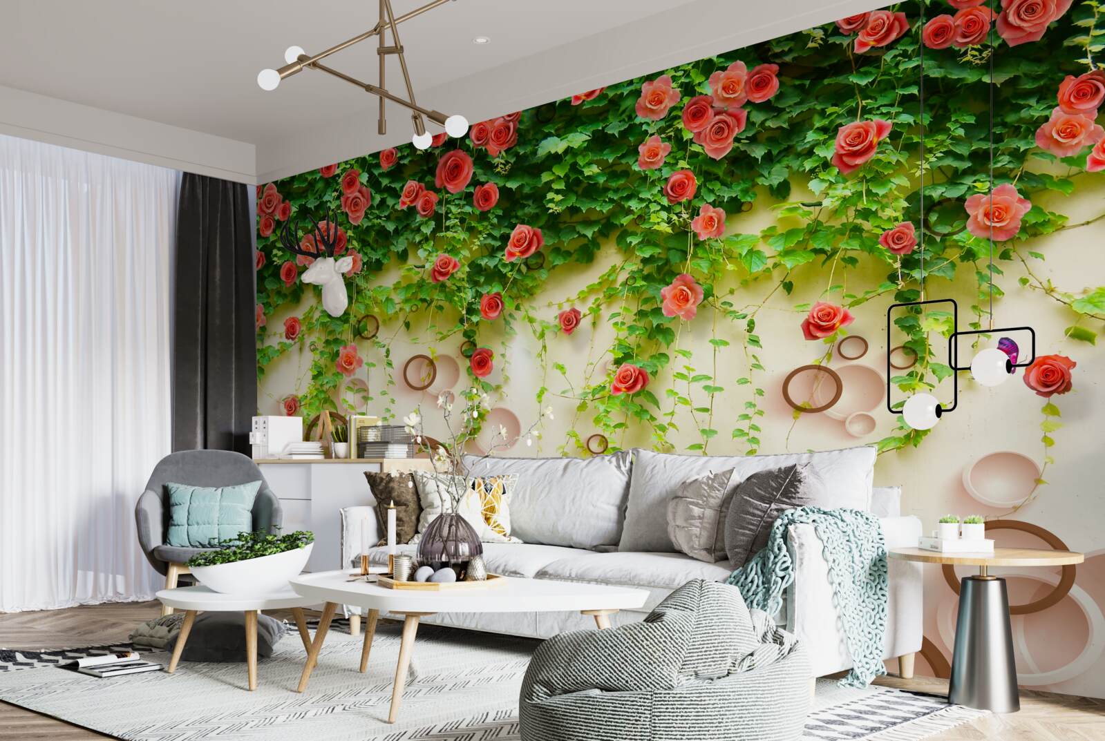 Fototapet trandafiri roz pe viță de vie