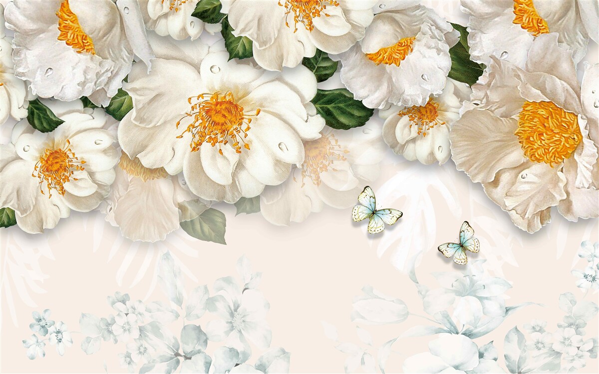 Fototapet flori mari albe cu centrul galben