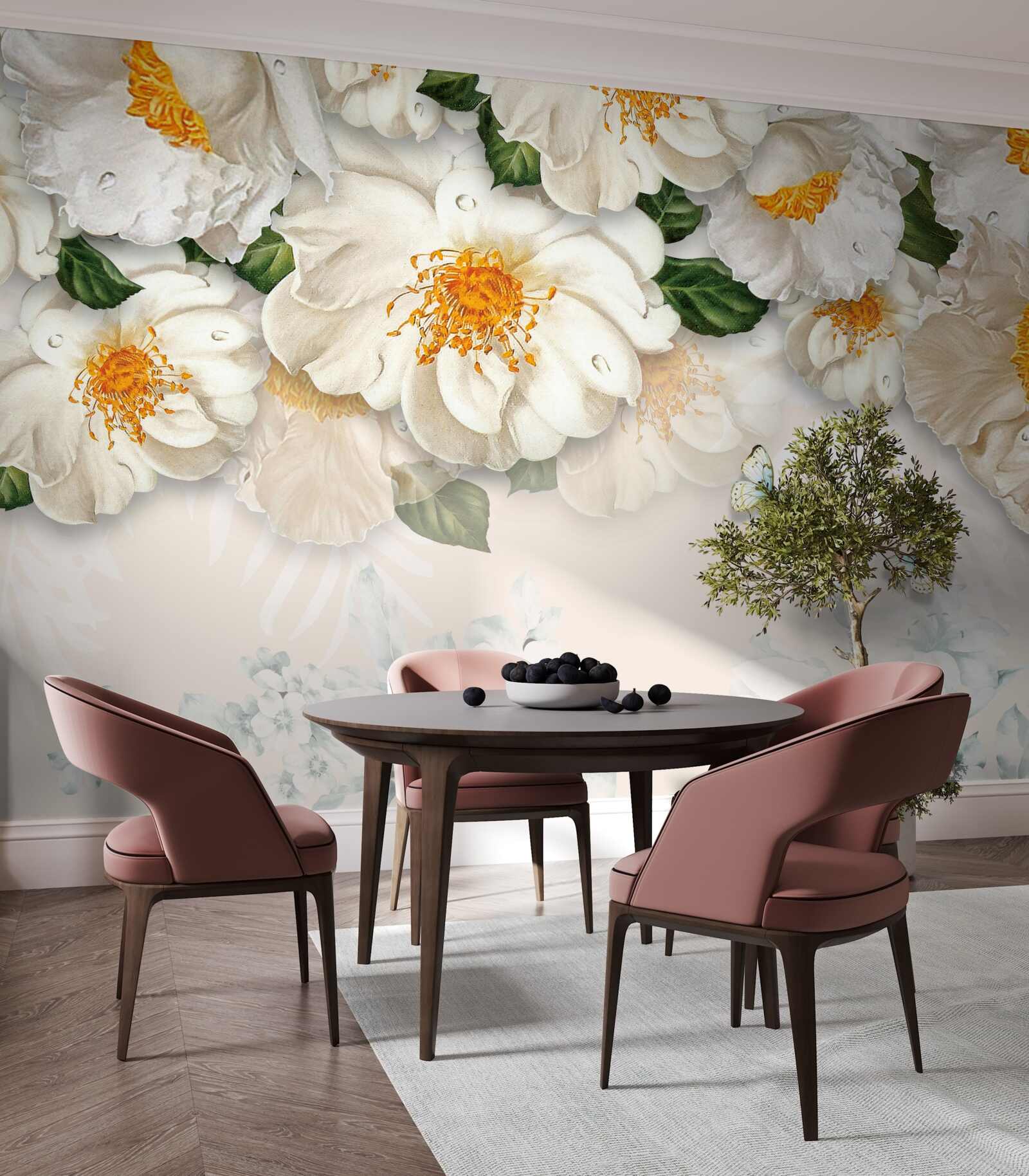 Fototapet flori mari albe cu centrul galben