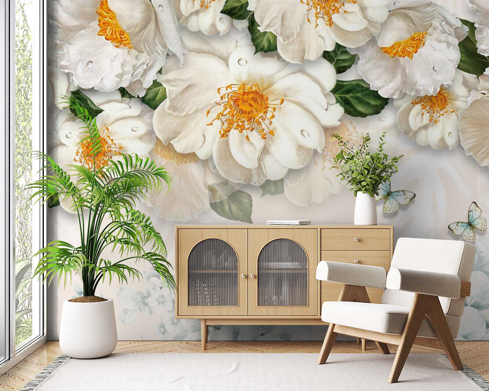 Fototapet flori mari albe cu centrul galben