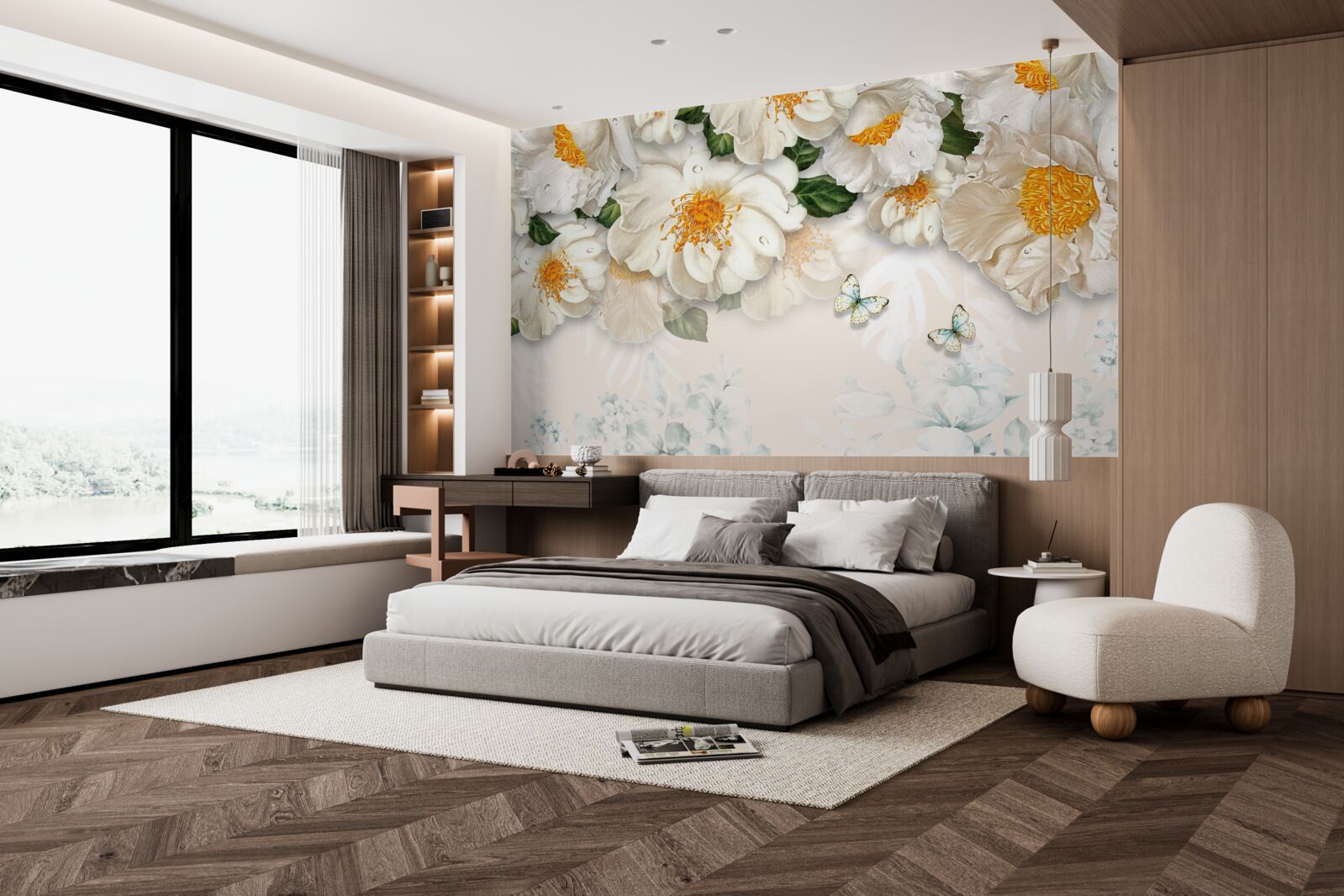 Fototapet flori mari albe cu centrul galben