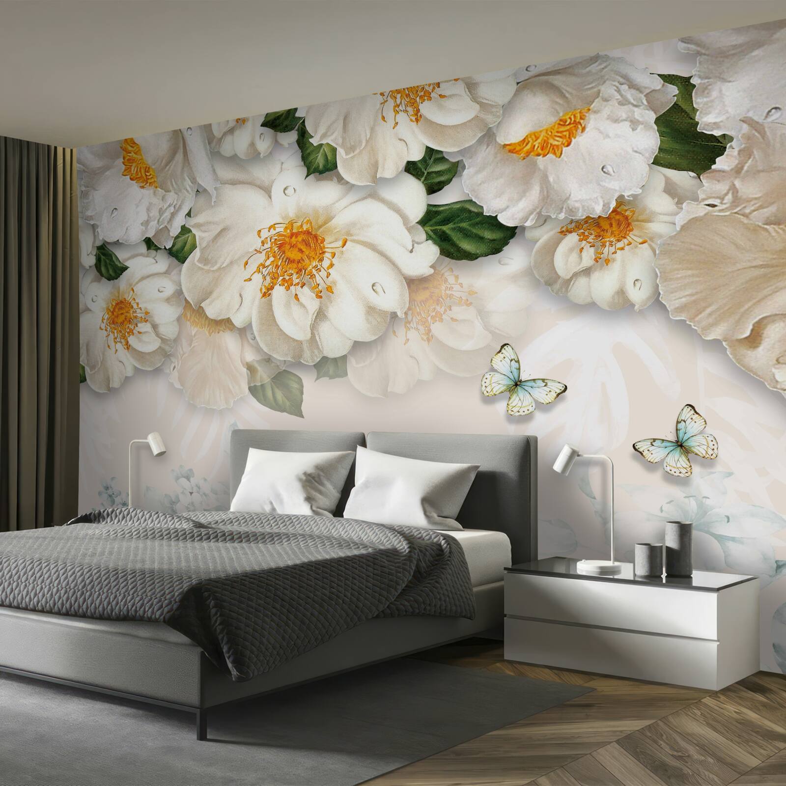 Fototapet flori mari albe cu centrul galben