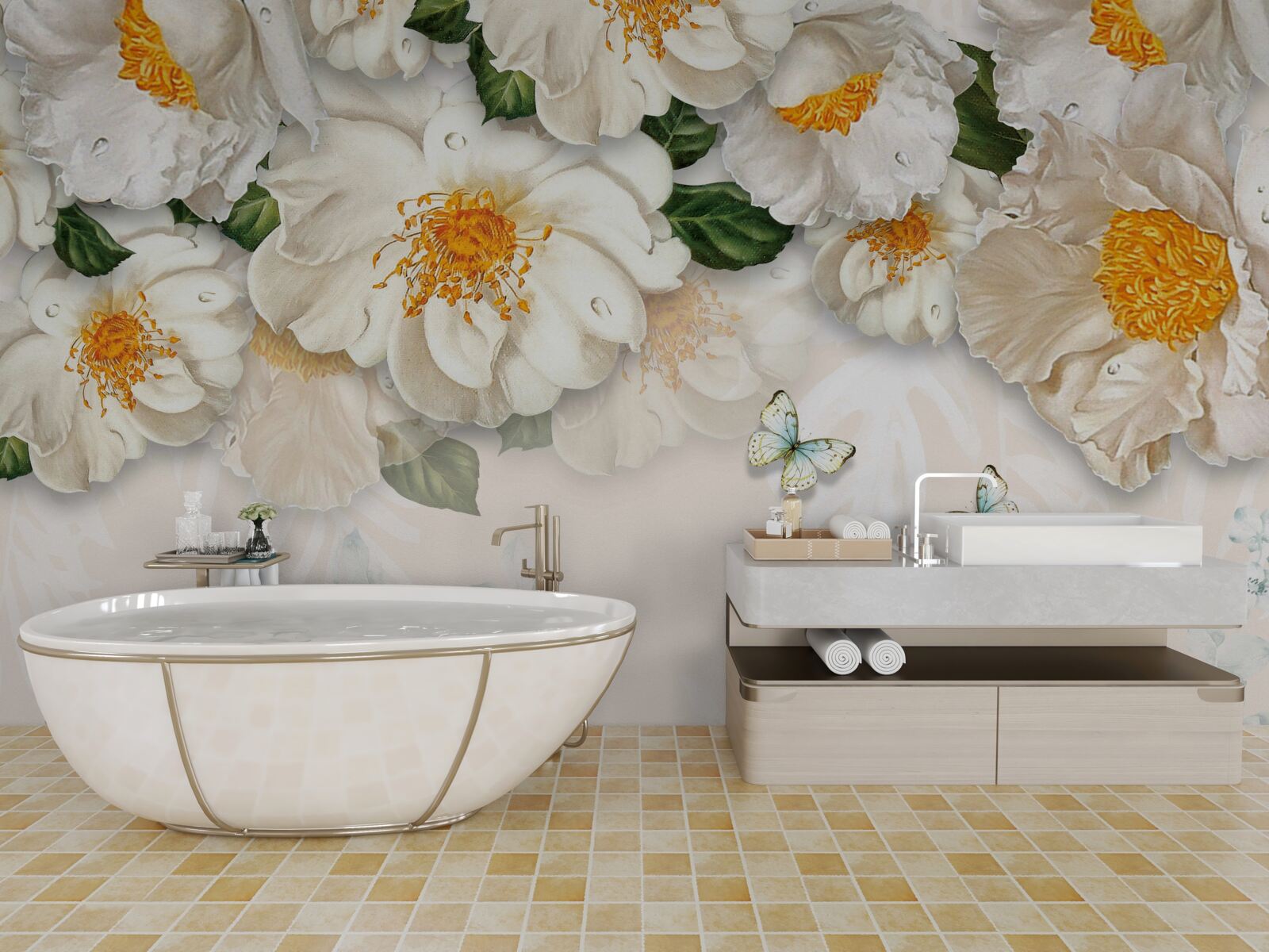 Fototapet flori mari albe cu centrul galben