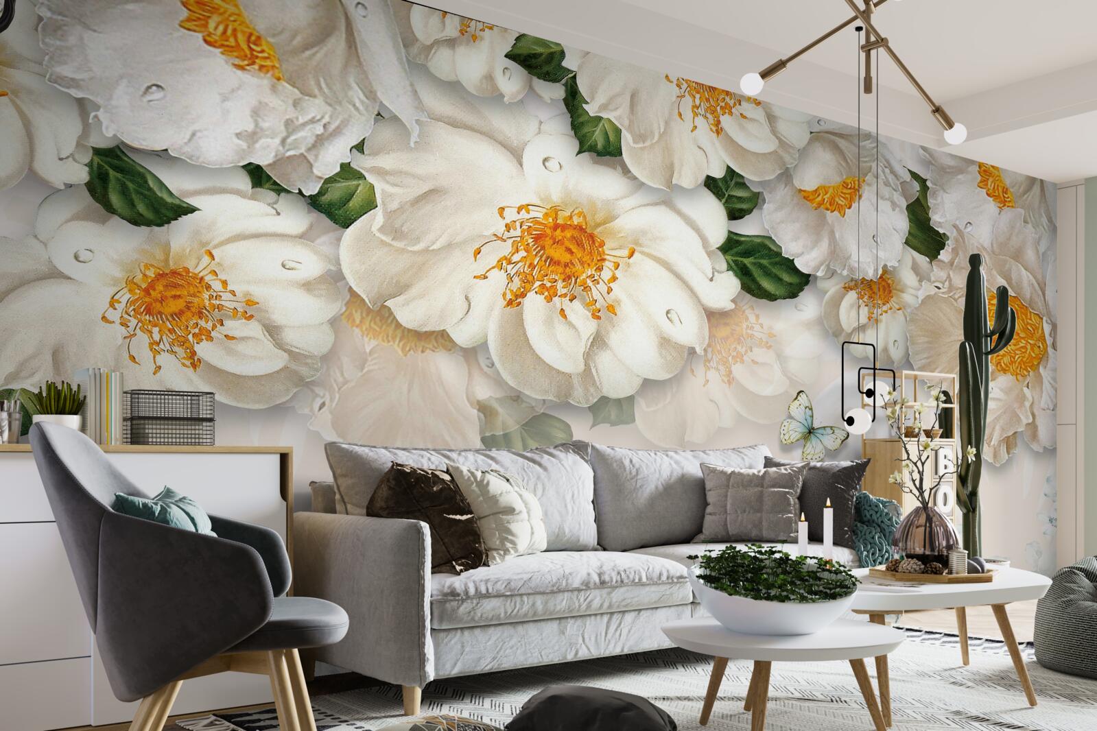 Fototapet flori mari albe cu centrul galben