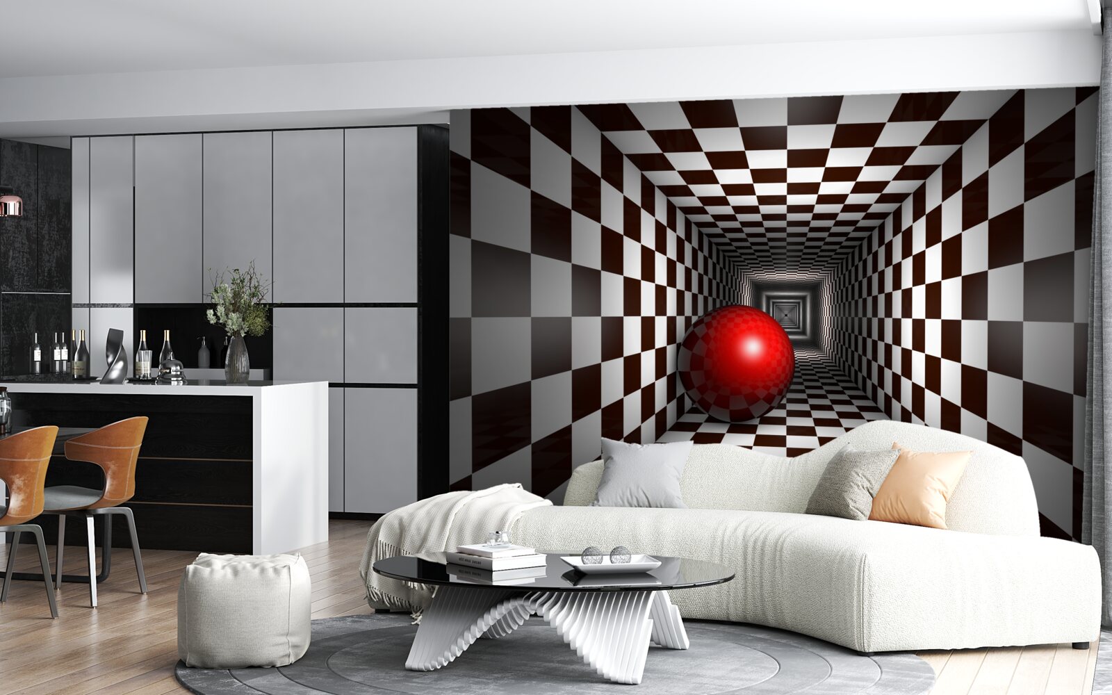 Fototapet o bilă roșie într-un coridor decorat ca o tablă de șah
