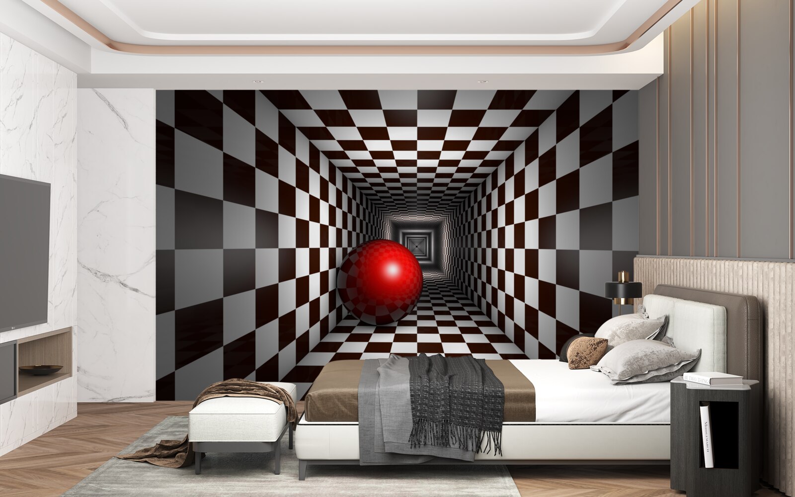 Fototapet o bilă roșie într-un coridor decorat ca o tablă de șah