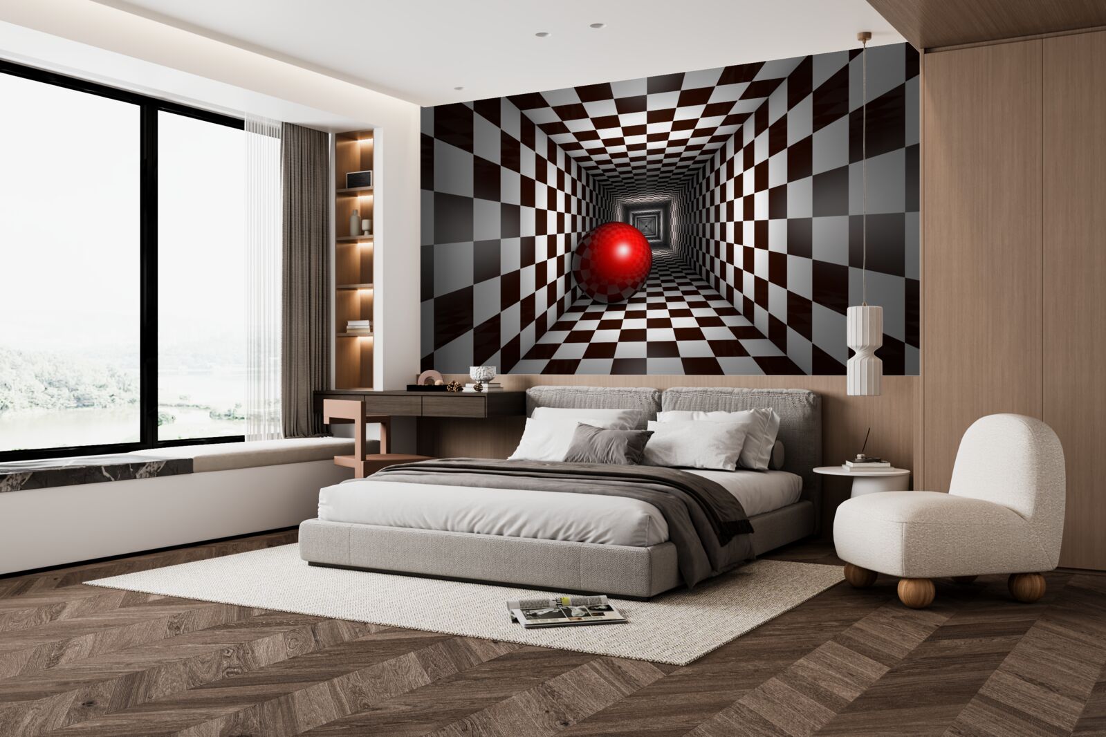 Fototapet o bilă roșie într-un coridor decorat ca o tablă de șah