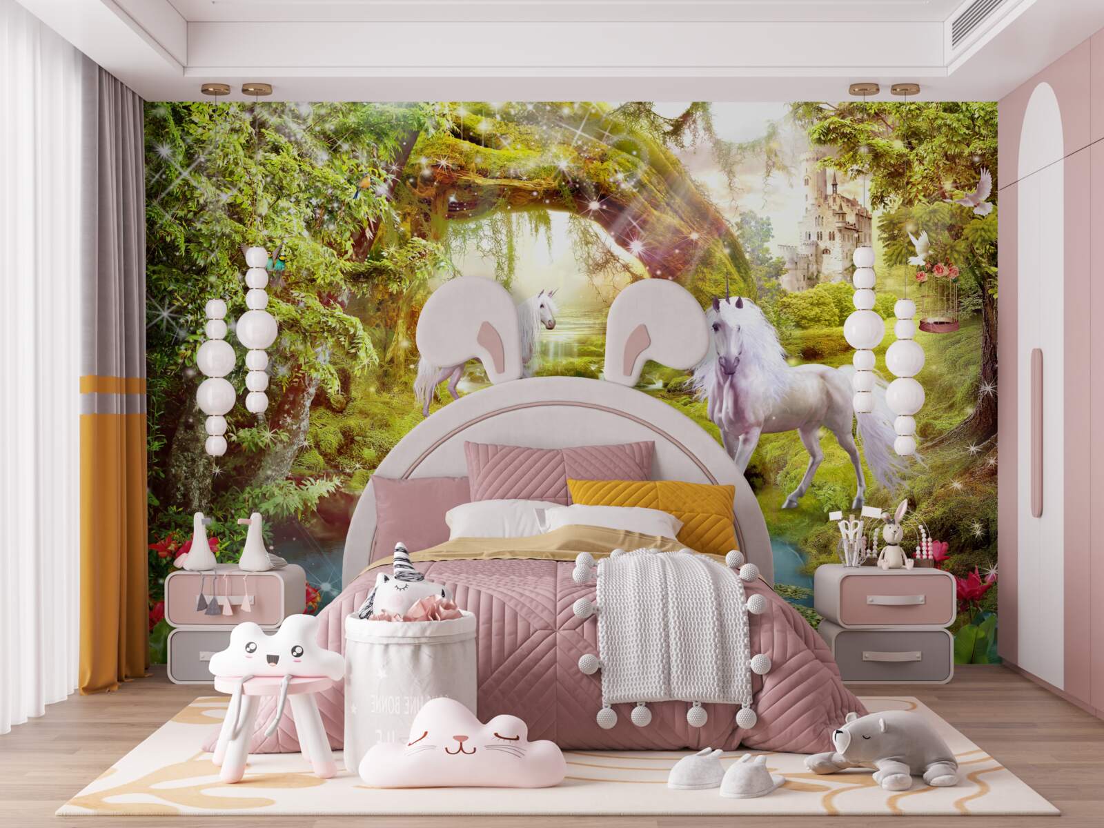 Fototapet unicorni albi lângă un lac în pădure