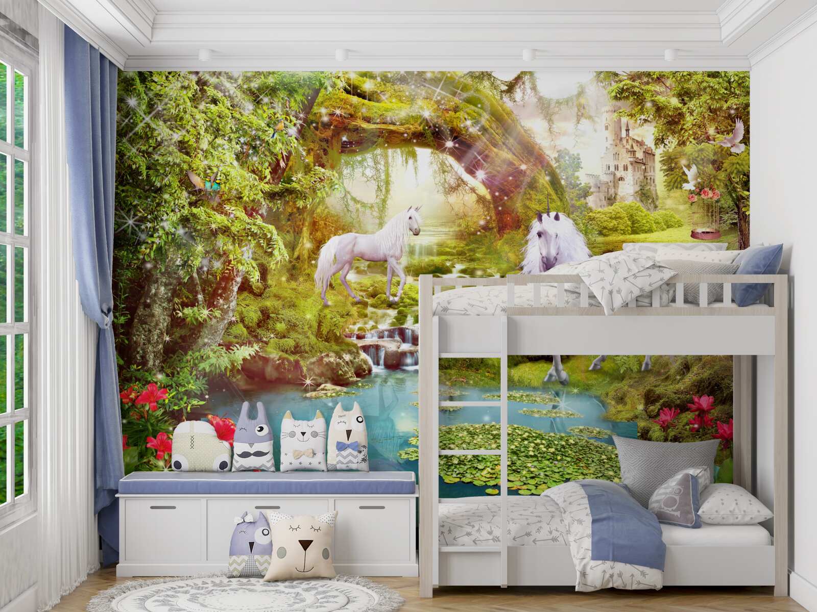 Fototapet unicorni albi lângă un lac în pădure