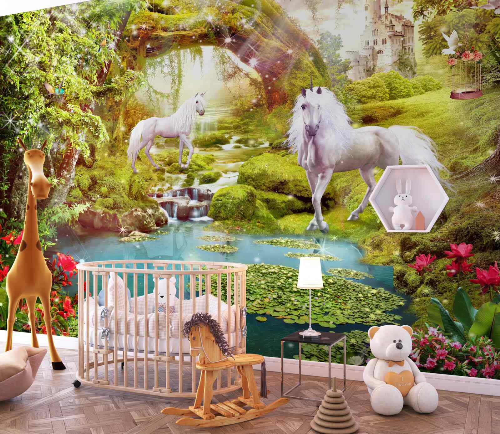 Fototapet unicorni albi lângă un lac în pădure