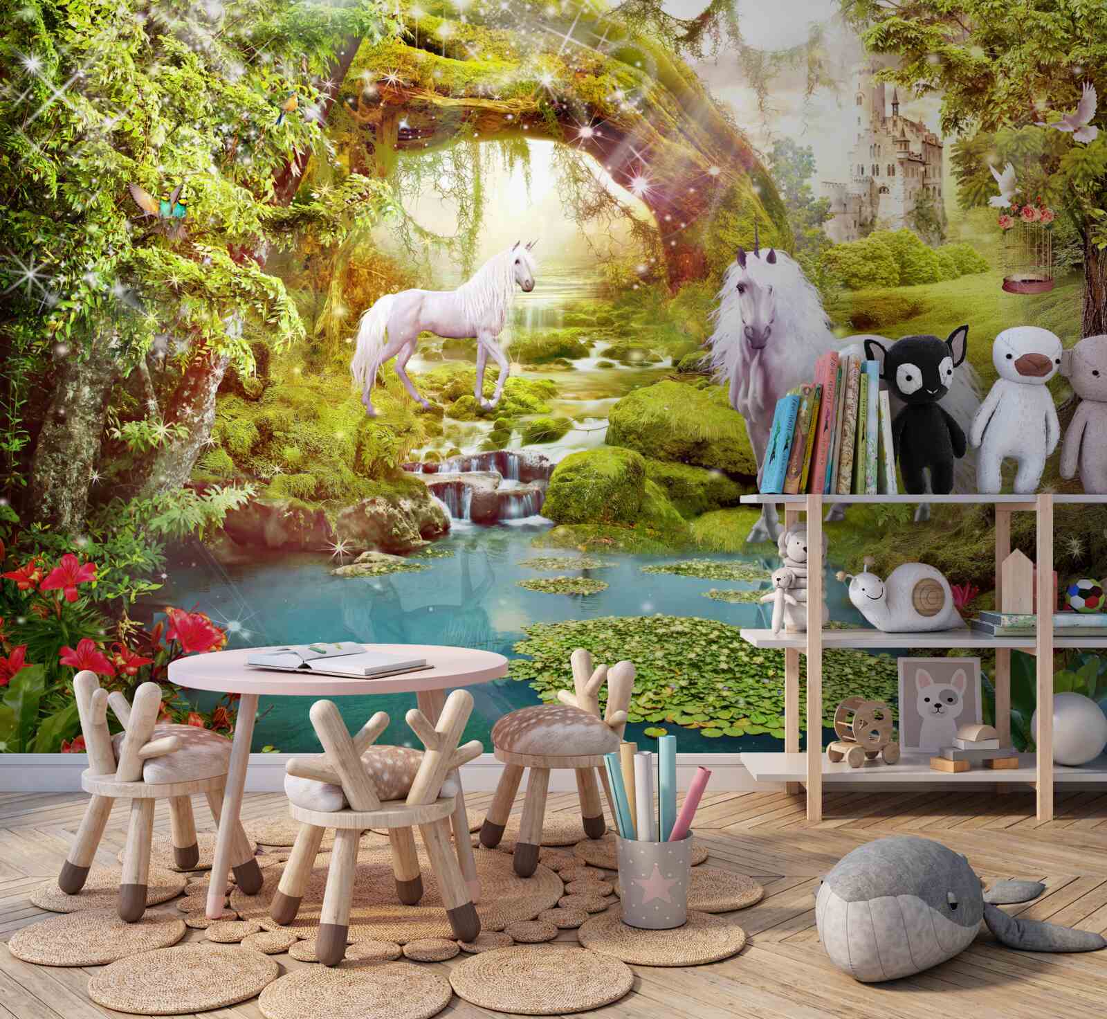 Fototapet unicorni albi lângă un lac în pădure