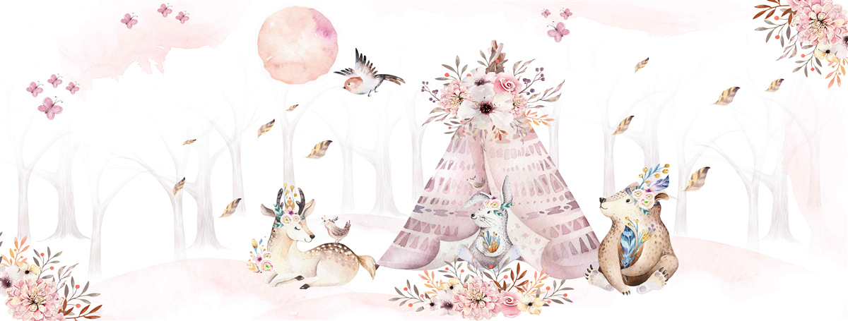 Fototapet animale adunate lângă un cort în pădure