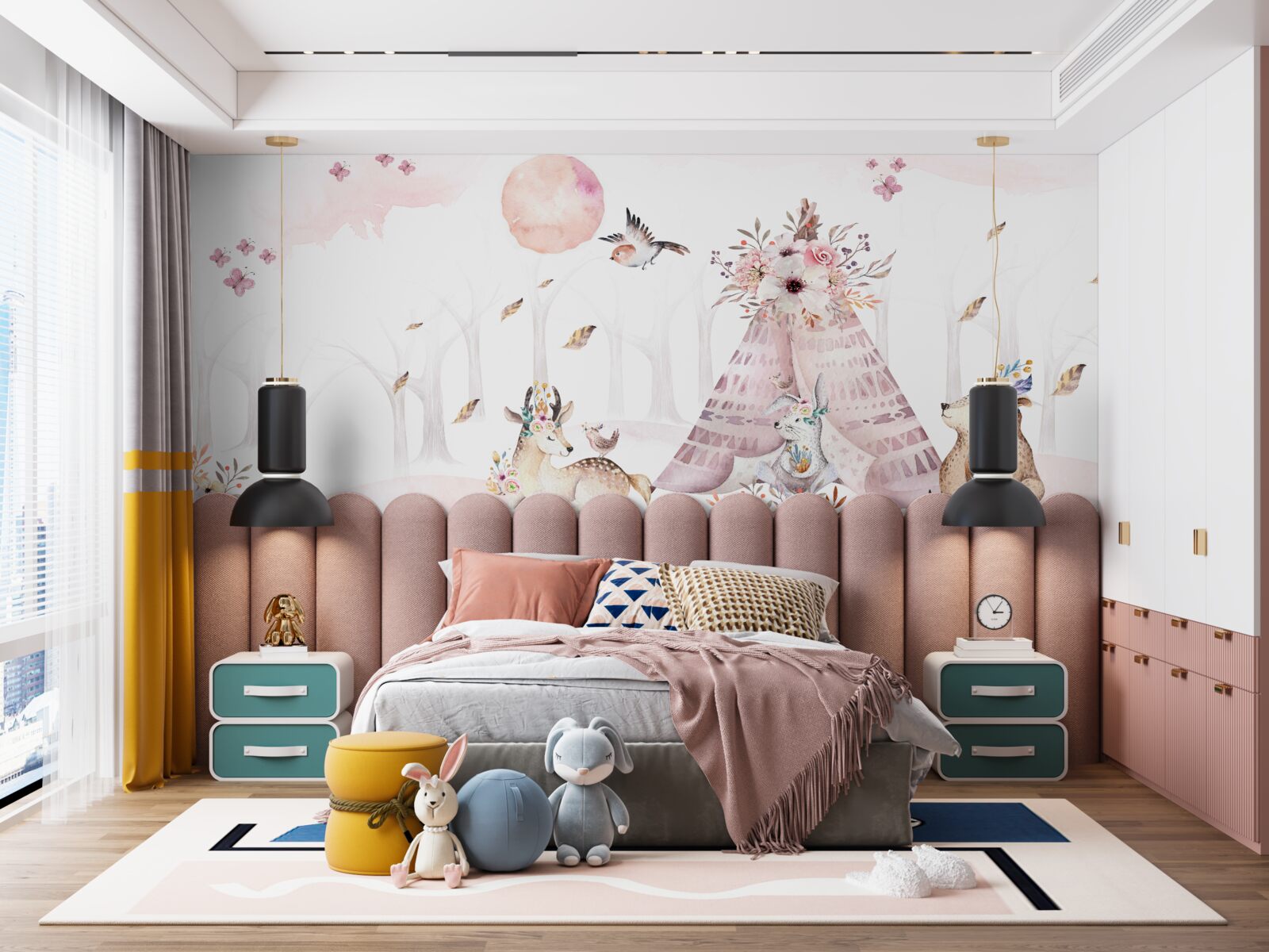 Fototapet animale adunate lângă un cort în pădure