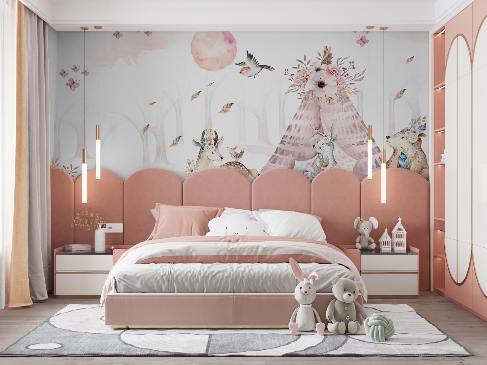 Fototapet animale adunate lângă un cort în pădure