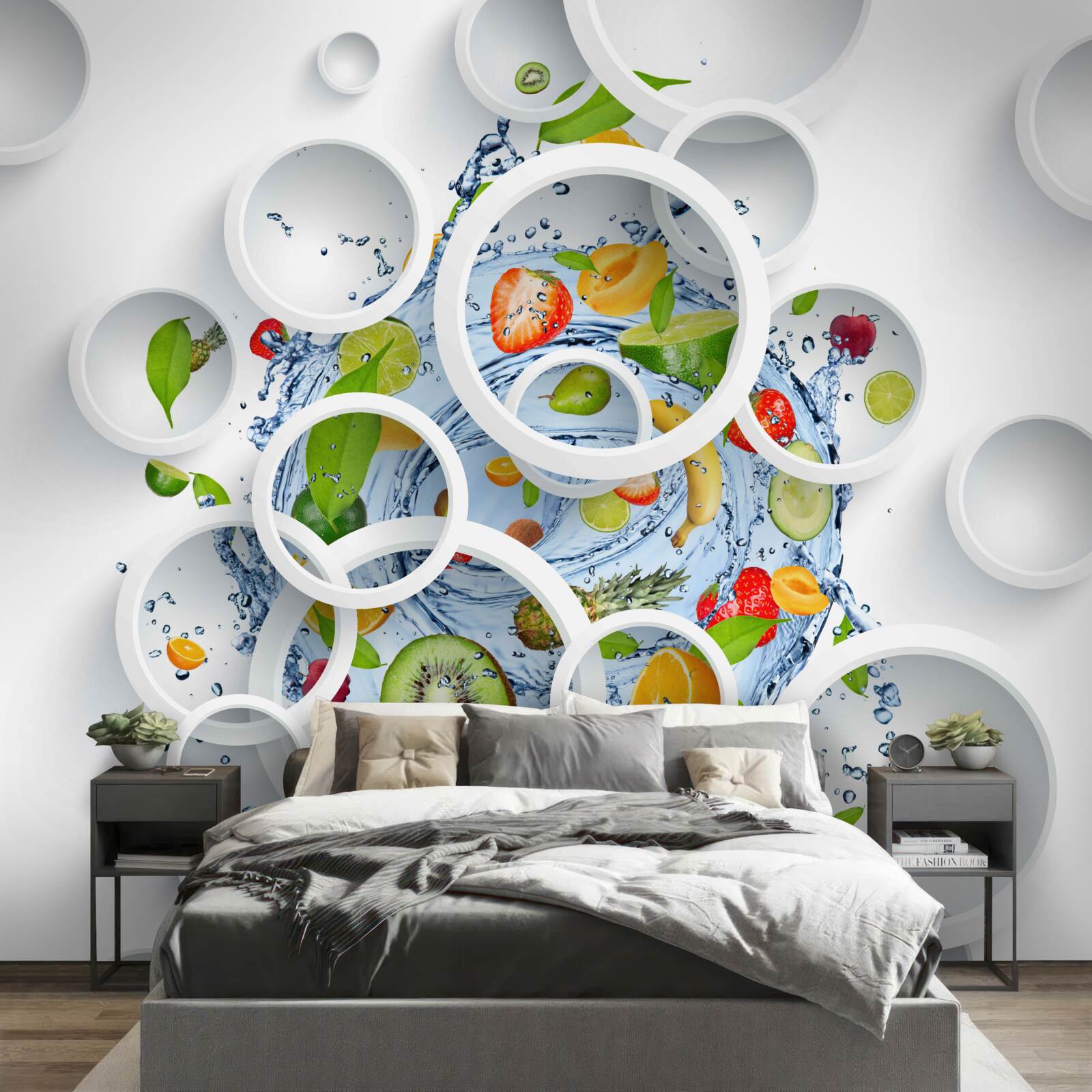 Fototapet cercuri albe și fructe