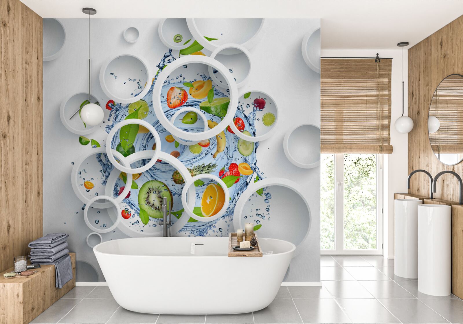 Fototapet cercuri albe și fructe