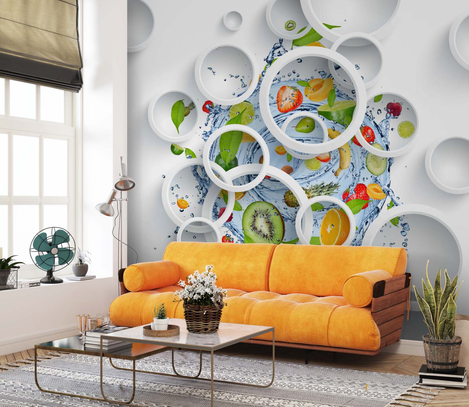 Fototapet cercuri albe și fructe