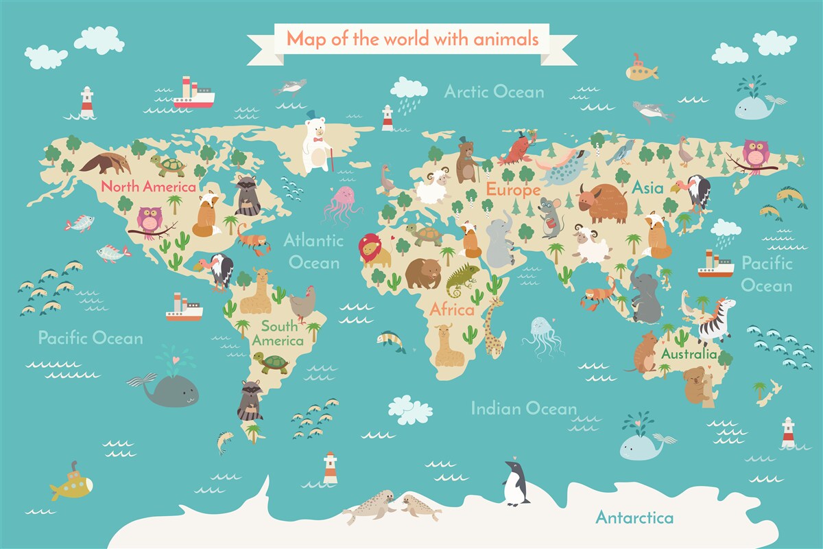 Fototapet hartă a lumii cu diverse elemente detaliate