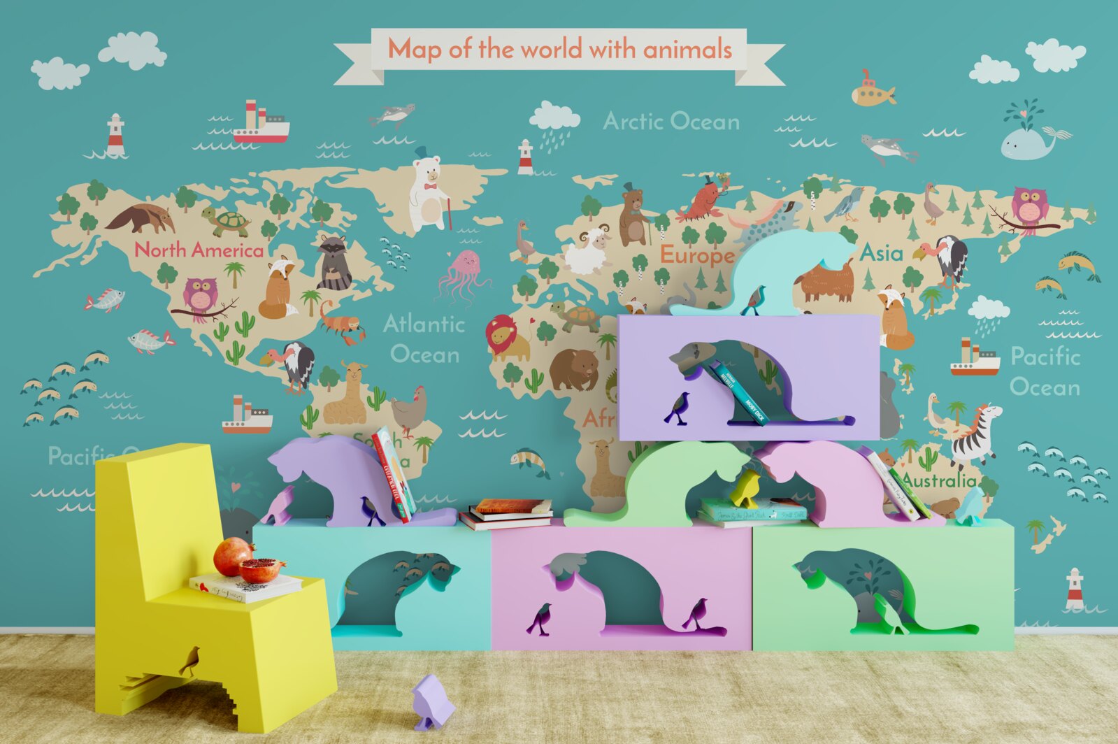 Fototapet hartă a lumii cu diverse elemente detaliate