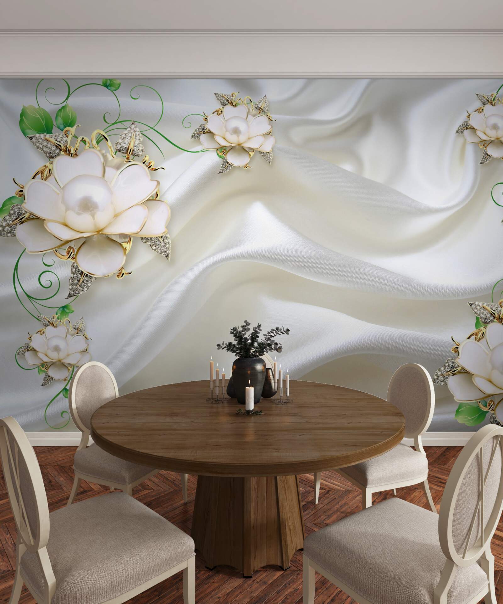 Fototapet flori albe sunt plasate pe un fundal de satin alb