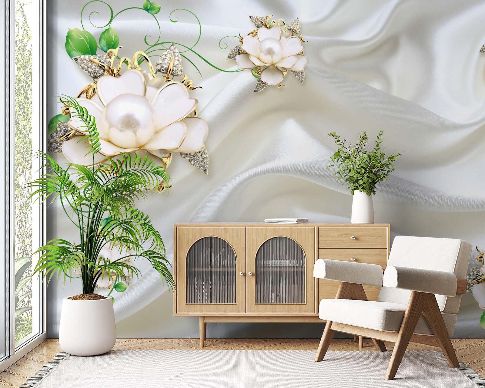 Fototapet flori albe sunt plasate pe un fundal de satin alb