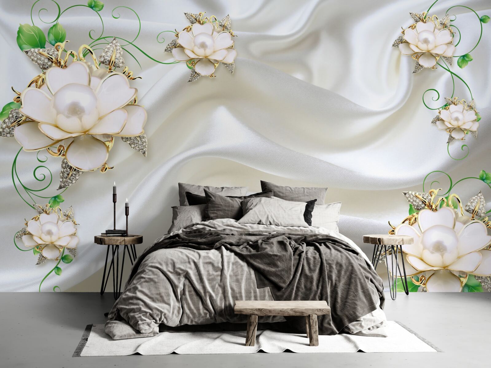 Fototapet flori albe sunt plasate pe un fundal de satin alb