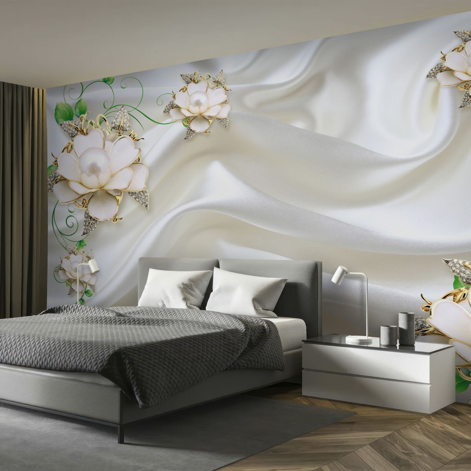 Fototapet flori albe sunt plasate pe un fundal de satin alb