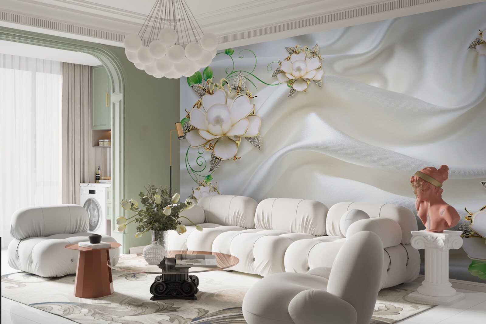 Fototapet flori albe sunt plasate pe un fundal de satin alb