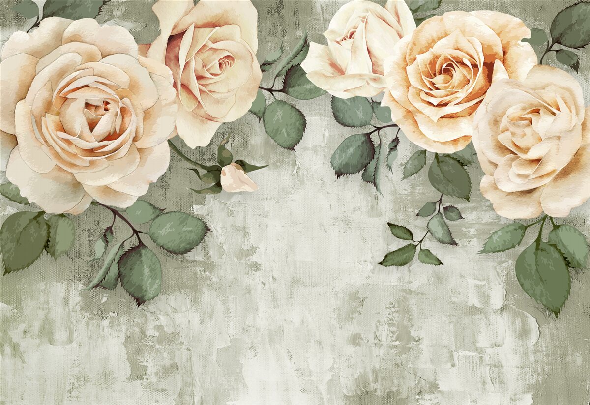 Fototapet trandafiri crem cu frunze verzi mari