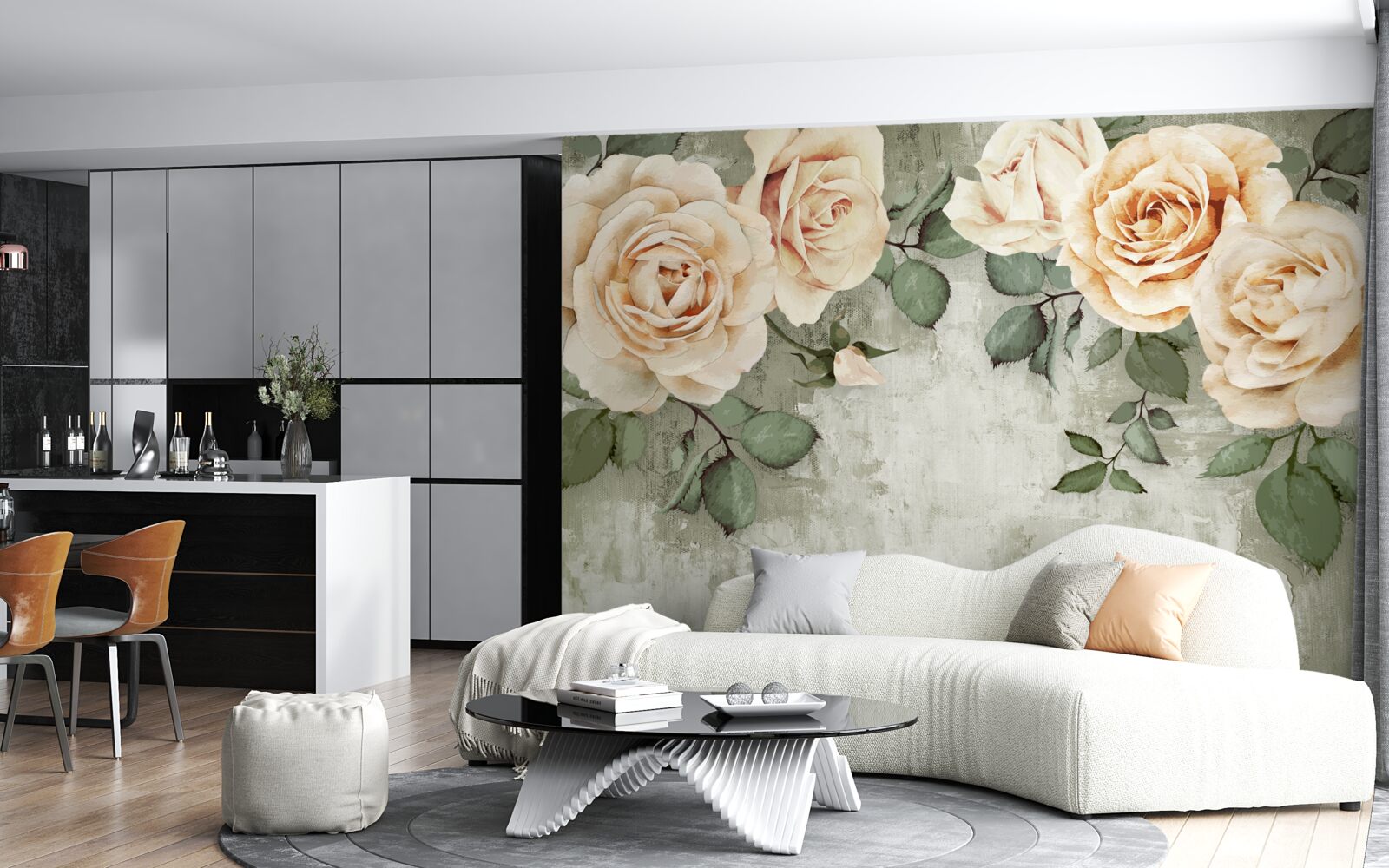 Fototapet trandafiri crem cu frunze verzi mari