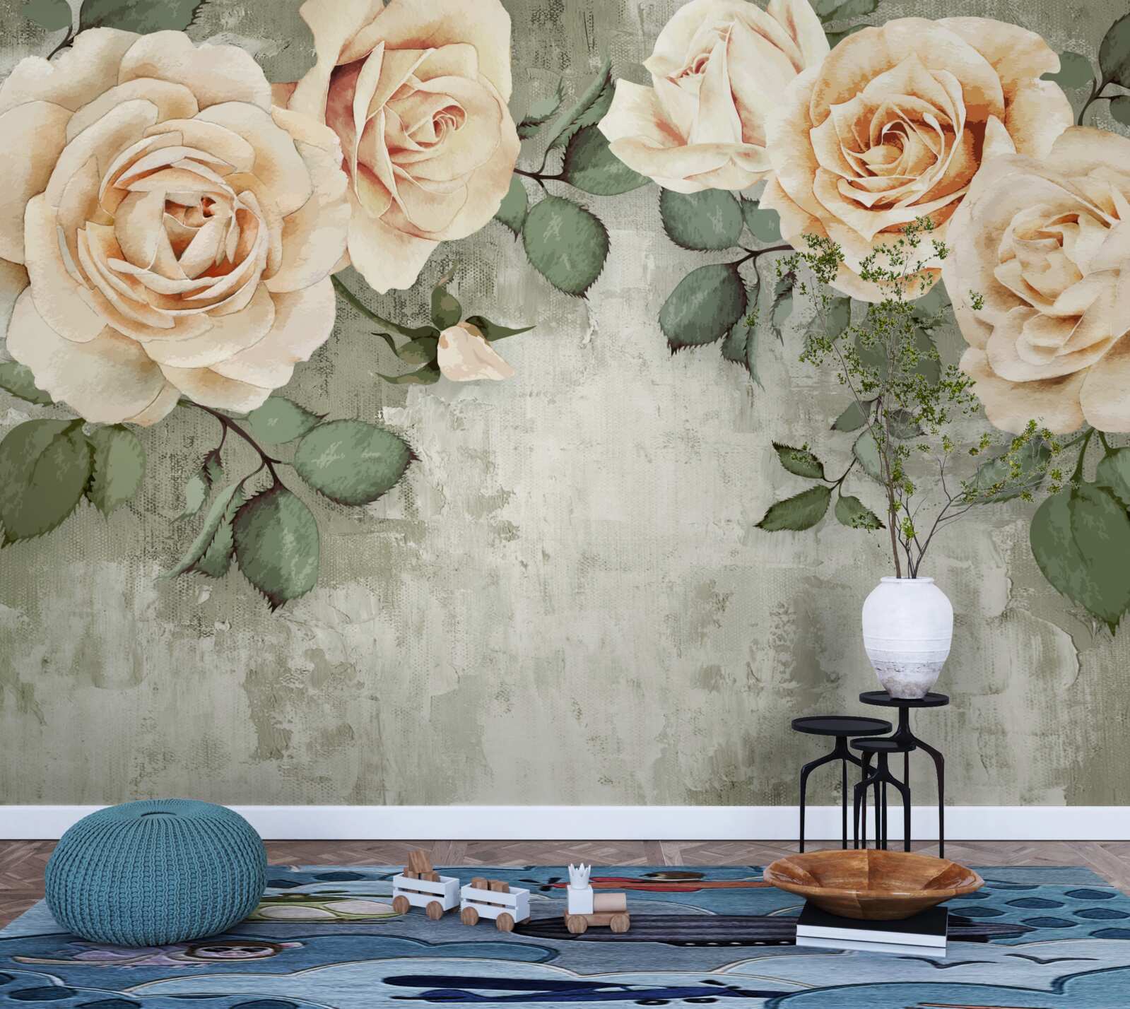 Fototapet trandafiri crem cu frunze verzi mari