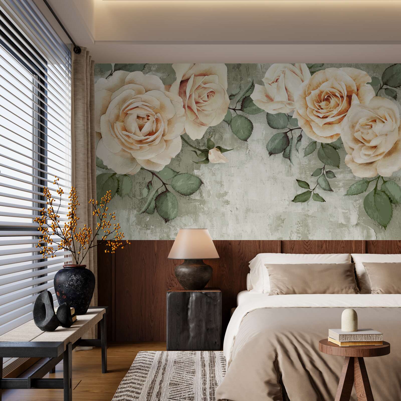 Fototapet trandafiri crem cu frunze verzi mari