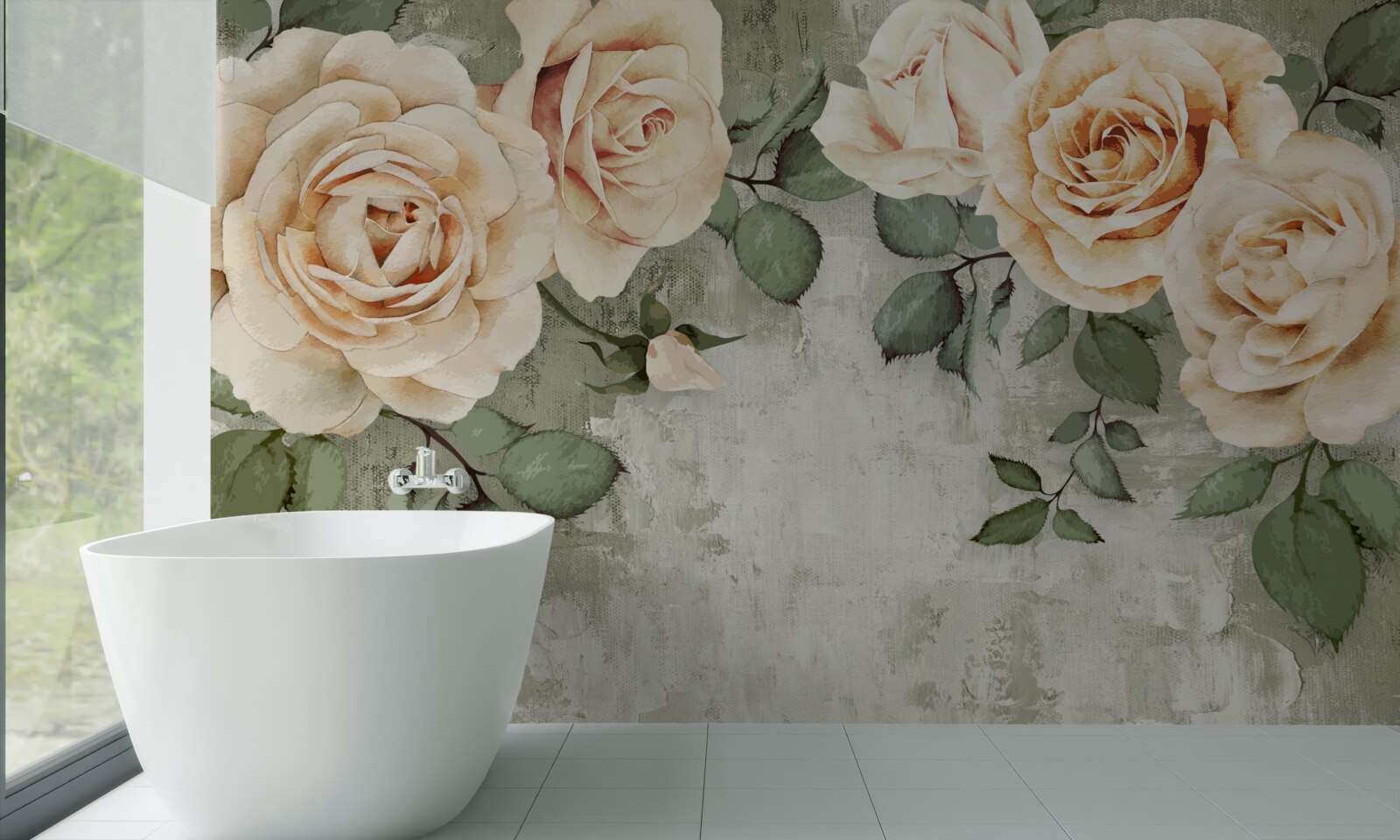 Fototapet trandafiri crem cu frunze verzi mari