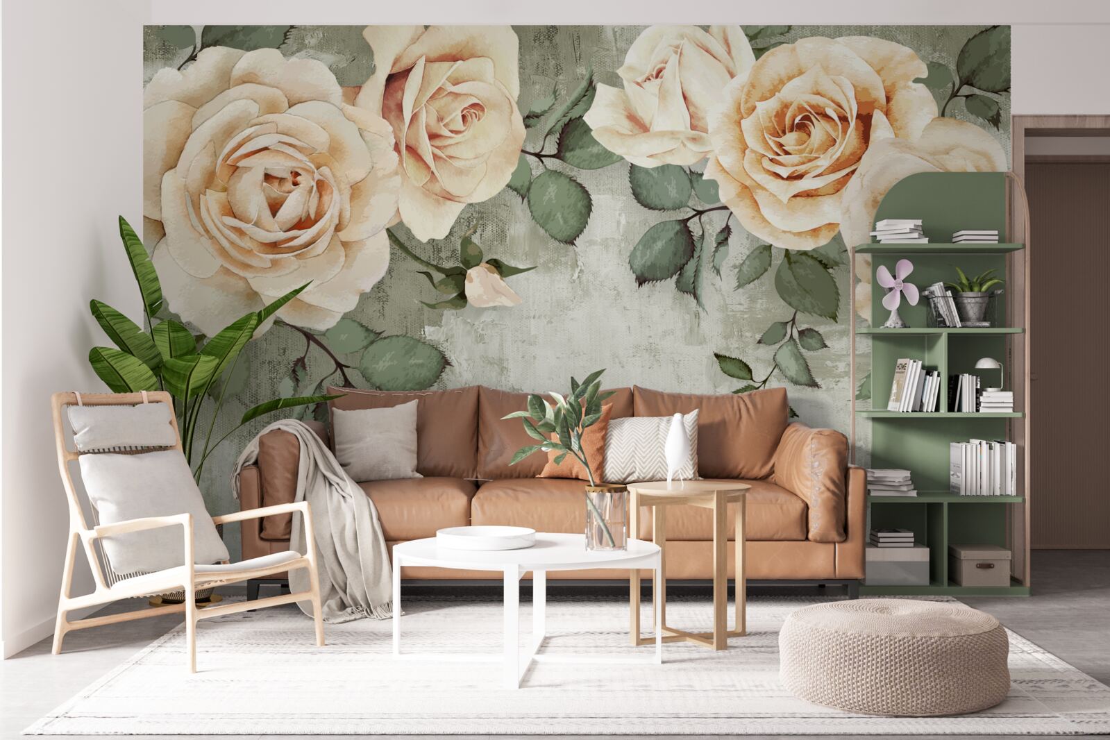 Fototapet trandafiri crem cu frunze verzi mari