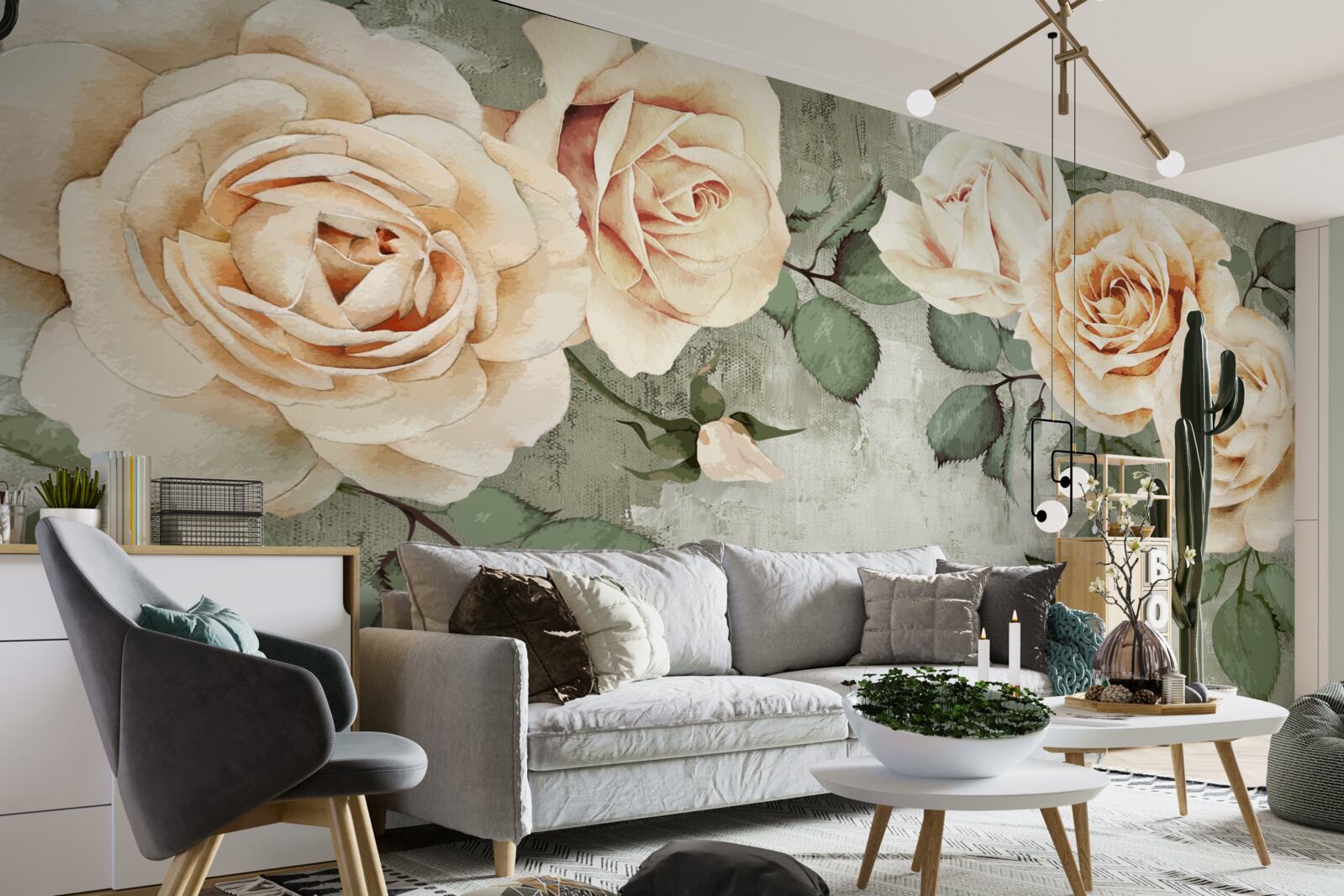 Fototapet trandafiri crem cu frunze verzi mari