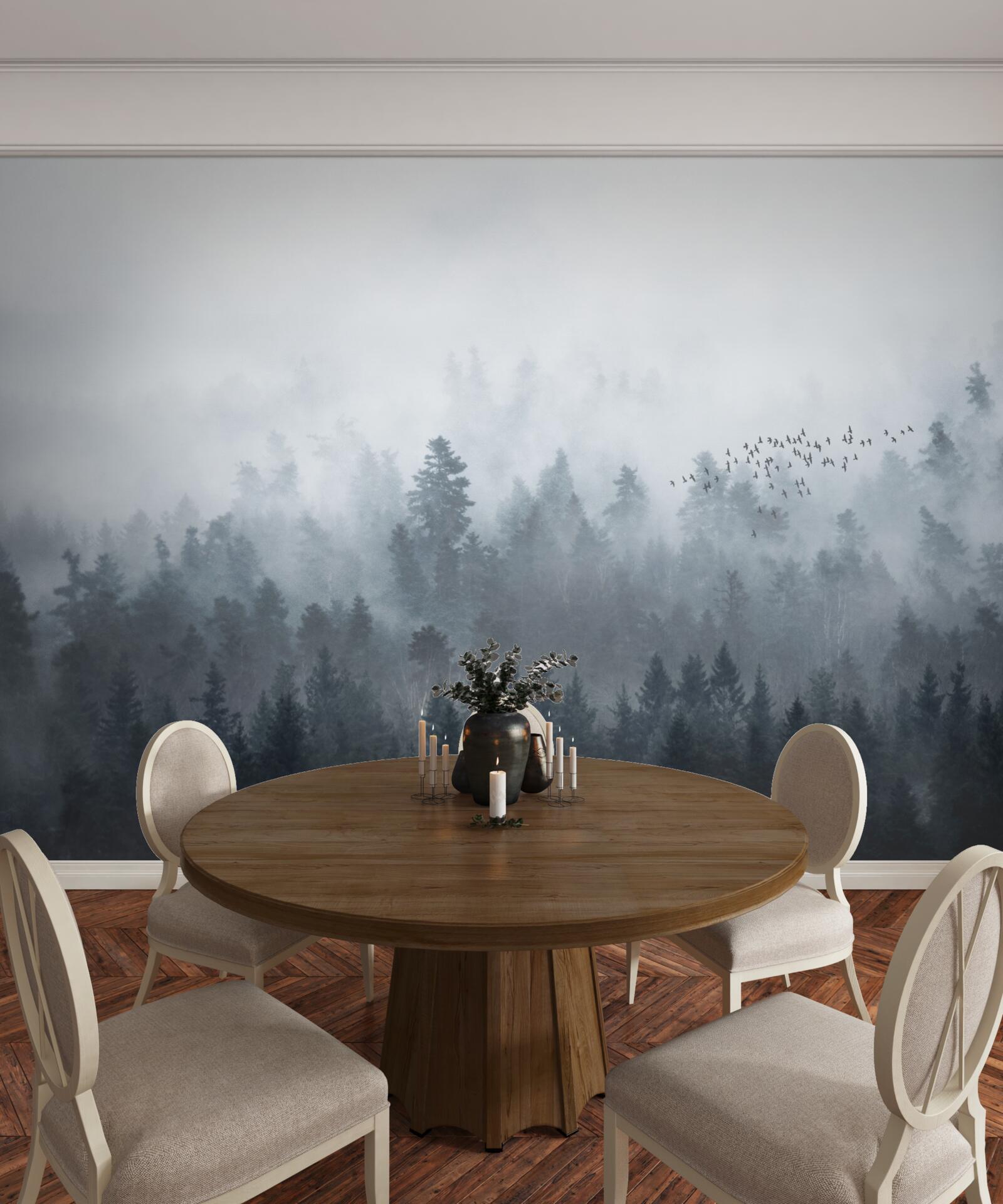 Fototapet pădure învăluită în ceață