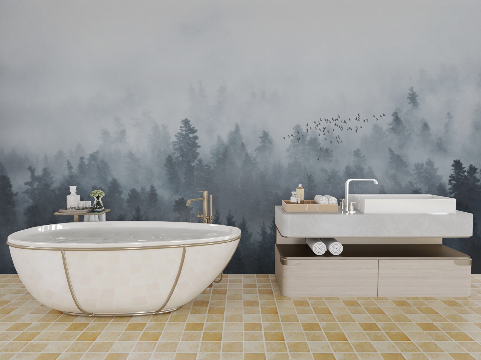 Fototapet pădure învăluită în ceață